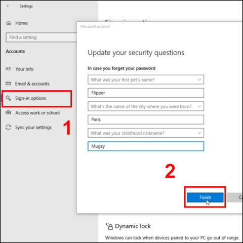 Cập nhật câu hỏi bảo mật để thực hiện cách mở khóa máy tính khi quên mật khẩu