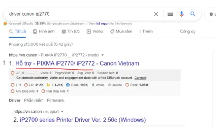 Giao diện tìm kiếm driver Canon IP2770 trên Google