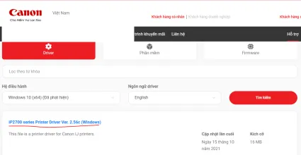 Chọn phiên bản driver Canon IP2770 phù hợp từ trang chủ Canon