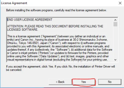 Xác nhận điều khoản cài đặt driver cho máy in Canon IP2770