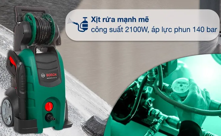 Máy rửa xe Bosch Aquatak 140 công suất 2100W, trang bị động cơ cảm ứng từ, lý tưởng cho các nhu cầu làm sạch đa dạng và hiệu quả.