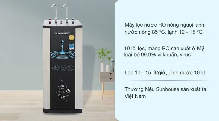 Máy lọc nước RO nóng nguội lạnh Sunhouse SHR76210CK 10 lõi giúp giữ lại các chất hoá học và cặn bẩn, cho ra nguồn nước sạch tinh khiết