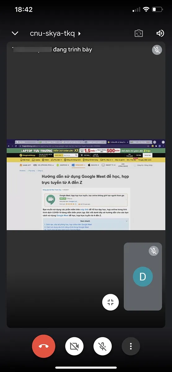 Giao diện Google Meet sau khi mở full màn hình trên điện thoại cho trải nghiệm tốt nhất