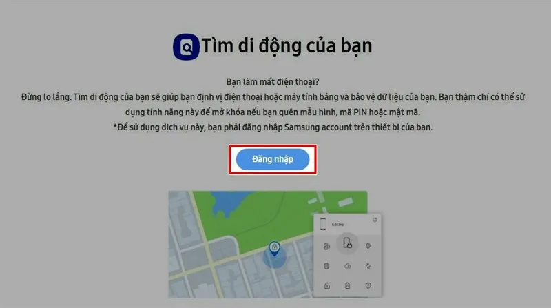 Giao diện đăng nhập tài khoản Samsung trên Find My Mobile, bước đầu tiên để mở khóa máy điện thoại Samsung từ xa.