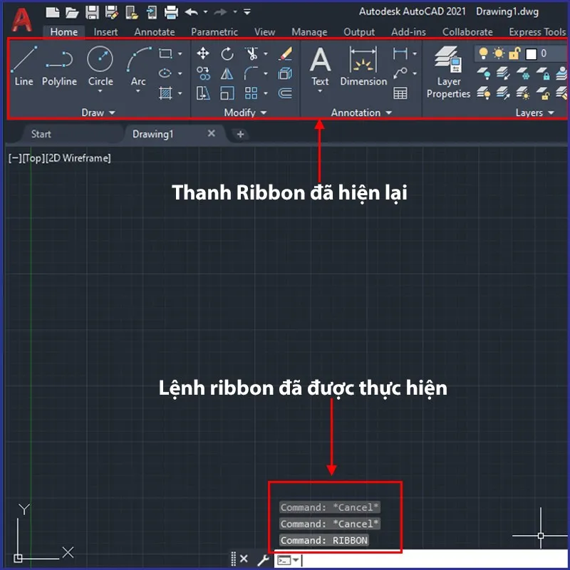Thanh Ribbon đã hiển thị, hỗ trợ khắc phục tình trạng máy in bị tróng trong layer CAD