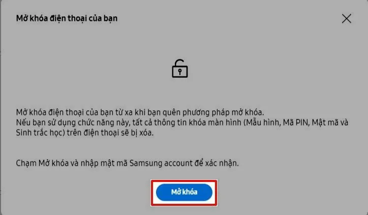 Xác nhận tài khoản Samsung và thao tác mở khóa từ xa, một phương pháp hiệu quả để mở khóa máy điện thoại Samsung.