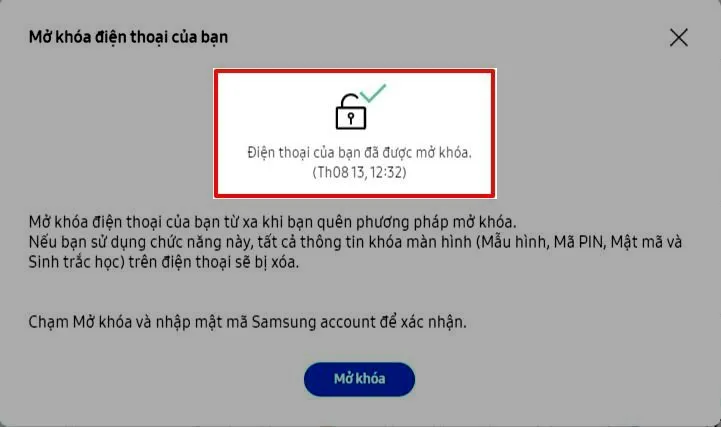 Thông báo xác nhận điện thoại Samsung đã được mở khóa thành công, cho phép người dùng truy cập lại thiết bị.