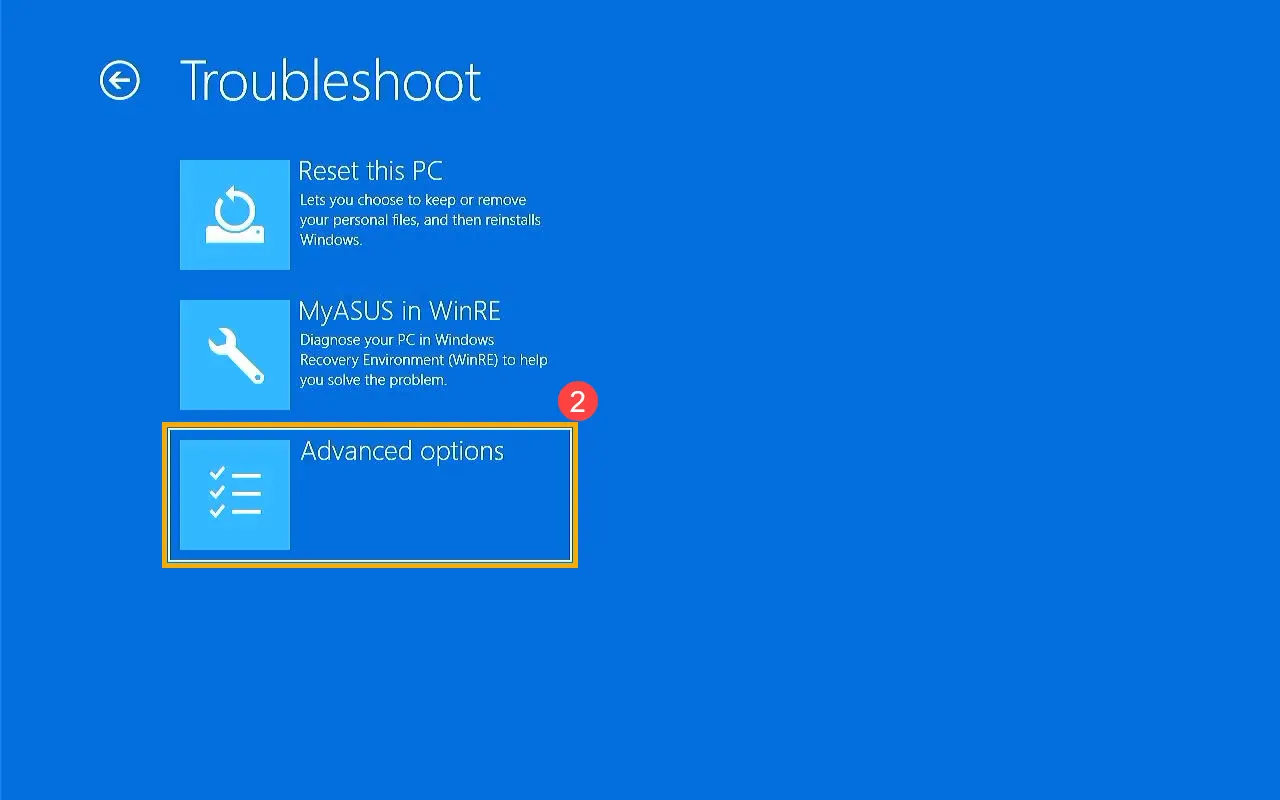 Chọn Advanced options từ Troubleshoot để tìm cài đặt khởi động Safe Mode máy Asus