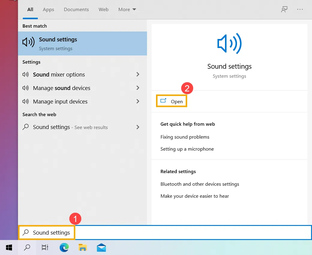 Tìm kiếm và truy cập cài đặt âm thanh trên Windows 10 để cấu hình line in loa trong máy tính.