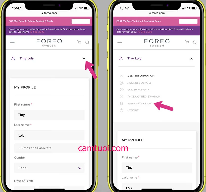 Mục kiểm tra bảo hành máy đắp mặt nạ Foreo trong tài khoản người dùng