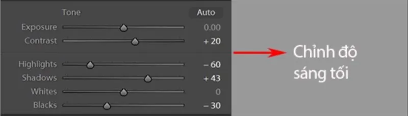 Giao diện điều chỉnh tone ảnh trong mục Basic của Lightroom