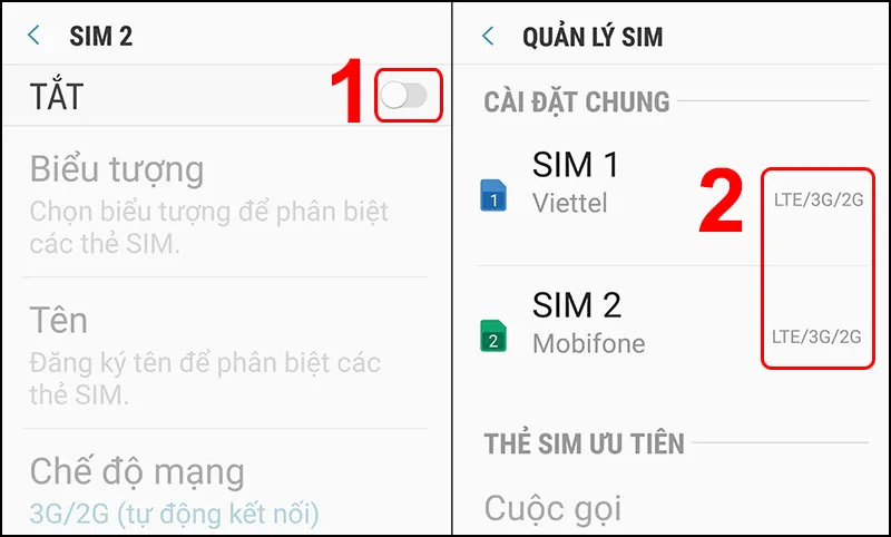 Điện thoại Samsung đã bật chế độ 2 SIM, sẵn sàng cho cách sử dụng máy 2 sim