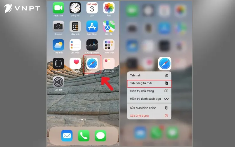 Nhấn và giữ biểu tượng Safari để bật tab ẩn danh nhanh trên điện thoại iPhone, tương tự việc tìm kiếm các tùy chọn riêng tư trên máy tính
