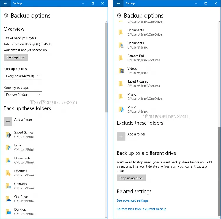 Cấu hình chi tiết các tùy chọn sao lưu của File History, bao gồm tần suất và thư mục