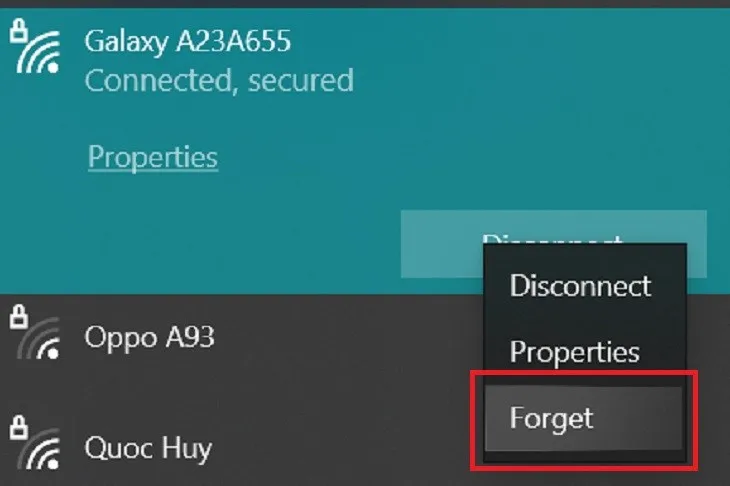 Chọn Forget để xóa mạng WiFi