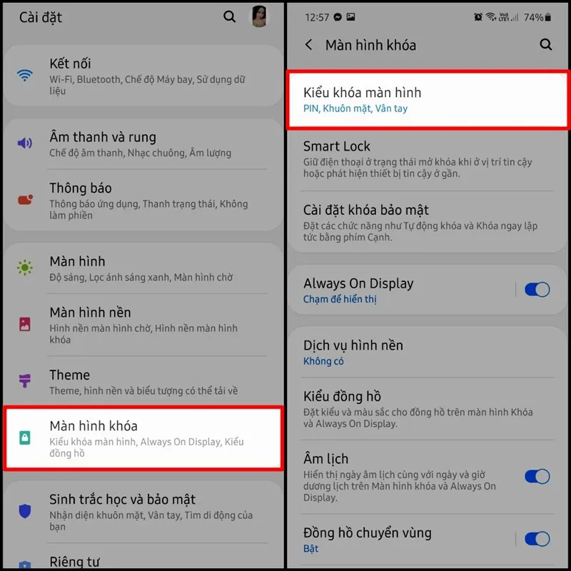 Giao diện cài đặt màn hình khóa trên điện thoại Samsung để thiết lập lại mật khẩu sau khi mở khóa thành công.