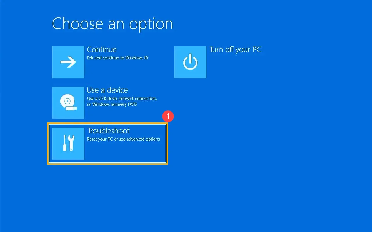 Trong WinRE, chọn Troubleshoot để khắc phục sự cố trên máy Asus không khởi động được