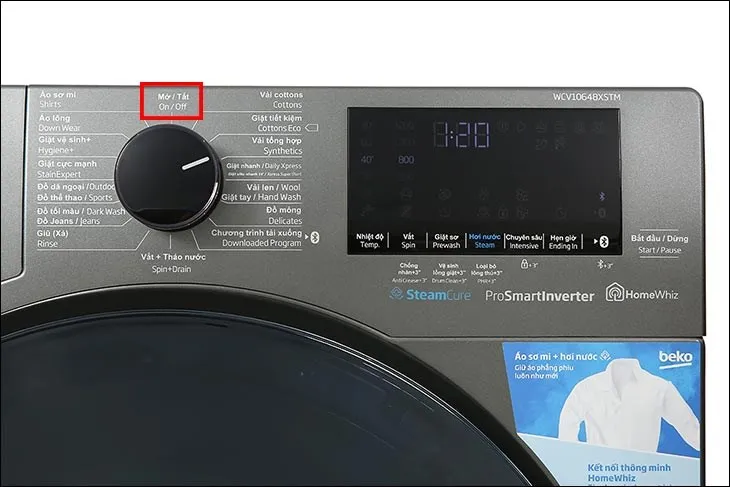 Xoay núm điều khiển về vị trí OFF để hủy bỏ chương trình giặt đang hoạt động trên máy giặt Beko 8kg