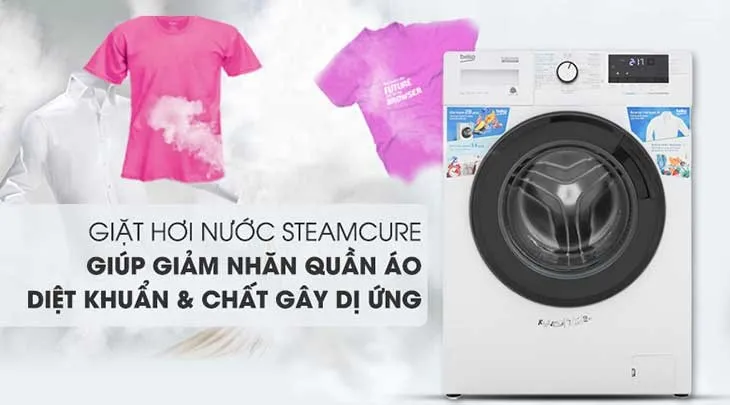 Máy giặt Beko 8kg với chế độ giặt hơi nước SteamCure giúp giảm nhăn và diệt khuẩn hiệu quả cho quần áo