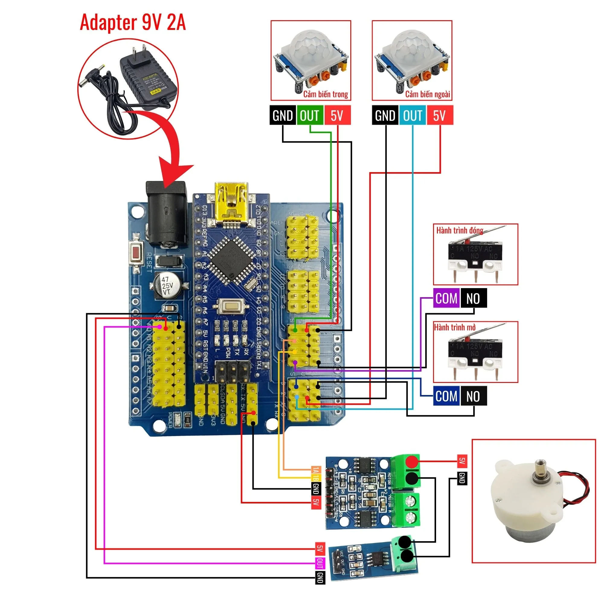 Sơ đồ đấu nối linh kiện cho mô hình hệ thống lắp ráp tự động dùng Arduino Nano V3