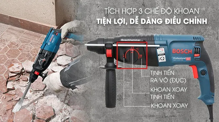 Máy khoan búa điện Bosch GBH 2-26 DRE với các chế độ chức năng đa dạng hỗ trợ cách khoan tường hiệu quả