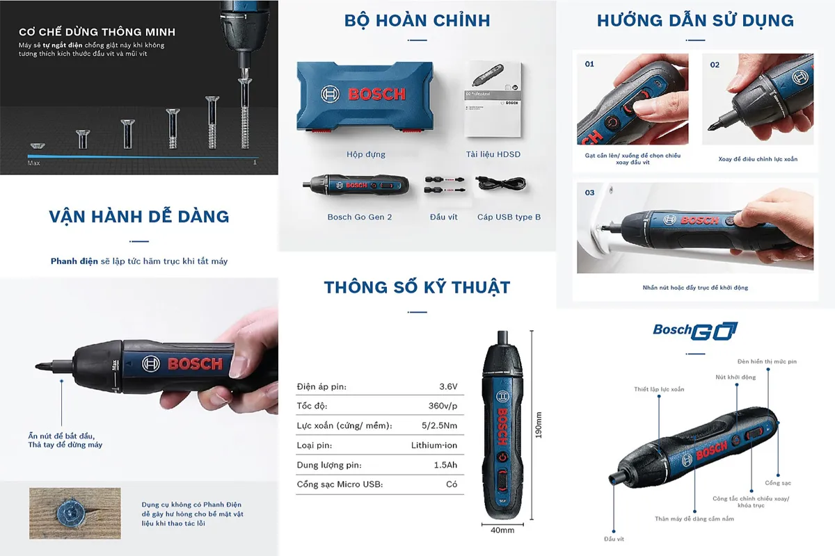 Máy bắt vít Bosch Go Gen 2 sở hữu cơ chế thông minh cho hiệu quả vượt trội, thể hiện tổng quan thông số kỹ thuật và đặc tính ưu việt.