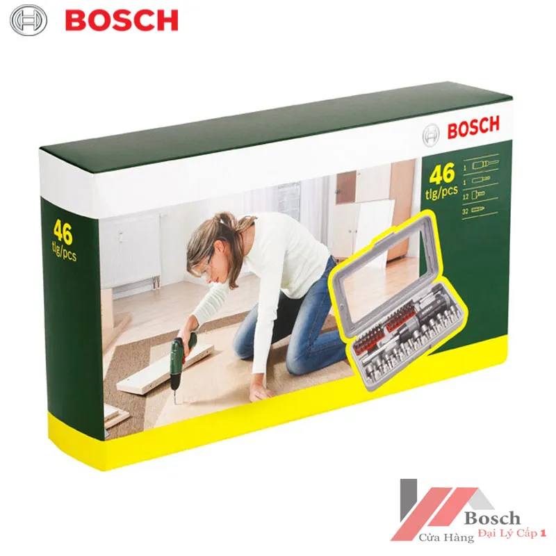 Thiết kế tổng thể của bộ vặn vít đa năng 46 chi tiết Bosch, minh họa sự chắc chắn và tính thẩm mỹ của sản phẩm