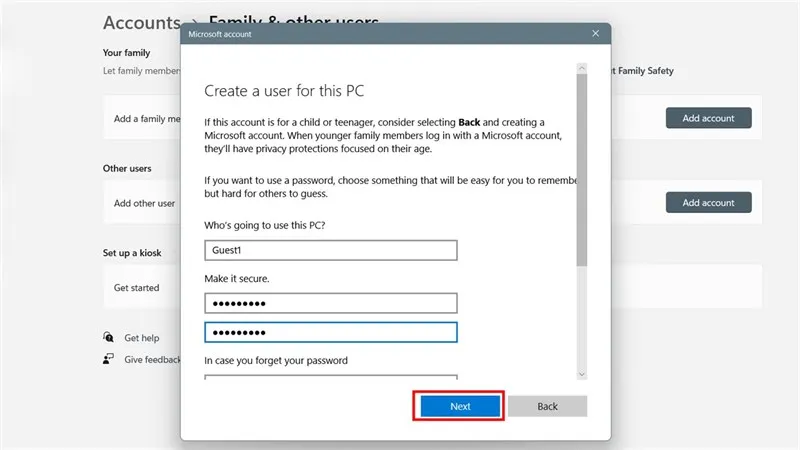 Giao diện nhập tên và mật khẩu cho tài khoản người dùng mới