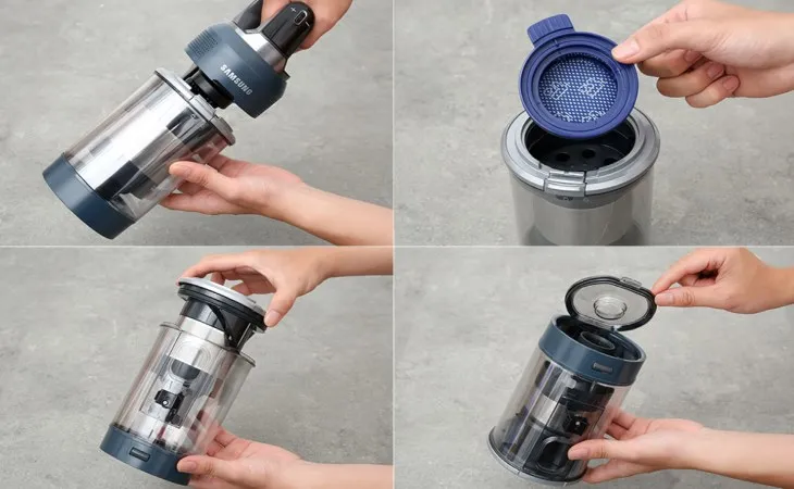 Vệ sinh bộ lọc định kỳ là cần thiết để chống tắc nghẽn và duy trì lực hút mạnh mẽ của máy hút bụi Samsung