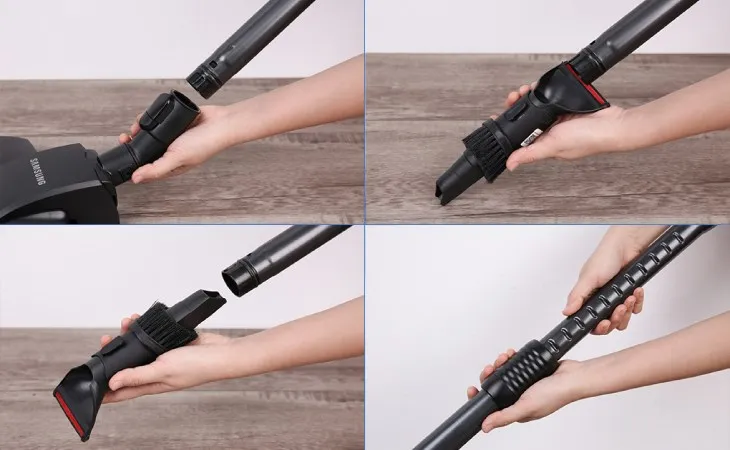 Để tối ưu hiệu suất làm sạch, hãy chọn đầu hút phù hợp với từng bề mặt cần dọn dọn khi sử dụng máy hút bụi Samsung