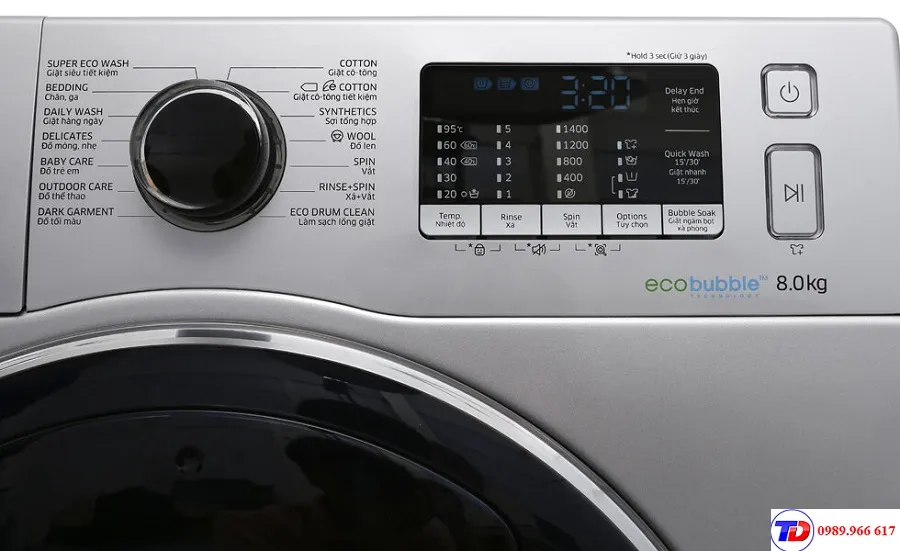 Các chương trình giặt đa dạng được hiển thị trên bảng điều khiển của máy giặt Samsung
