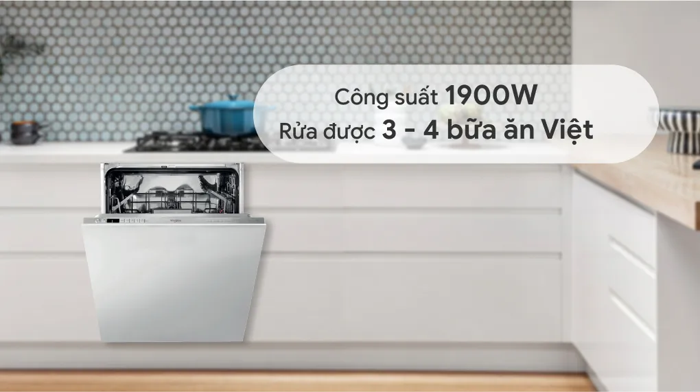 Máy rửa chén âm tủ Whirlpool WIO 3T133P được lắp đặt chìm hoàn toàn, mang lại vẻ đẹp liền mạch cho không gian bếp.