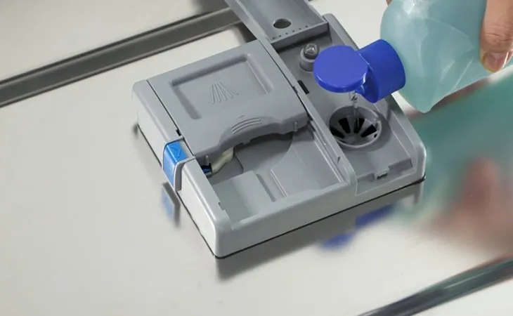 Đổ nước rửa chén hoặc viên rửa chuyên dụng vào ngăn chứa để máy rửa chén hoạt động hiệu quả.