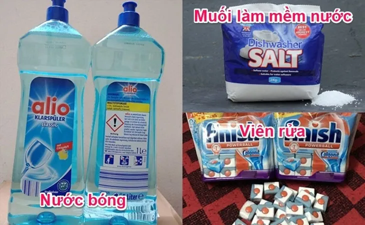 Bộ ba chất tẩy rửa chuyên dụng: muối làm mềm nước, nước bóng và bột rửa, giúp máy rửa chén hoạt động tối ưu.