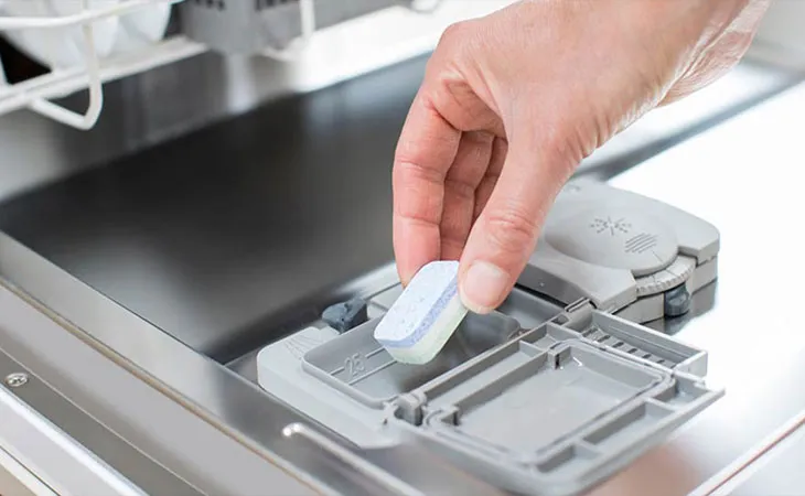 Đặt viên rửa hoặc đổ bột rửa chuyên dụng vào khoang chứa phù hợp trước khi khởi động chu trình rửa.