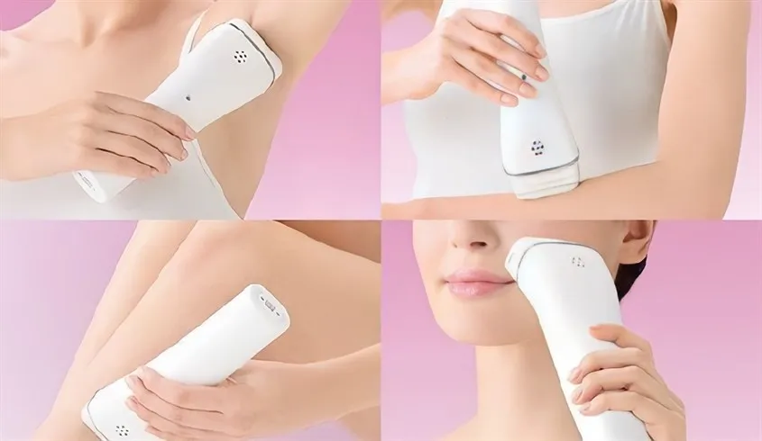 Minh họa các bước thực hiện triệt lông bằng máy, bao gồm di chuyển thiết bị và khởi động xung ánh sáng, là cốt lõi của cách sử dụng máy triệt lông mini hiệu quả.