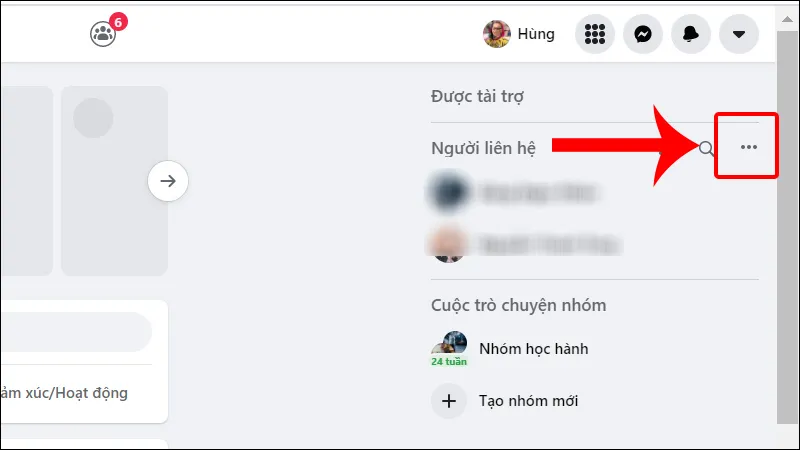 Người dùng Facebook nhấp vào biểu tượng ba chấm để truy cập cài đặt chat trên máy tính, thực hiện cách để chế độ off trên facebook bằng máy tính.