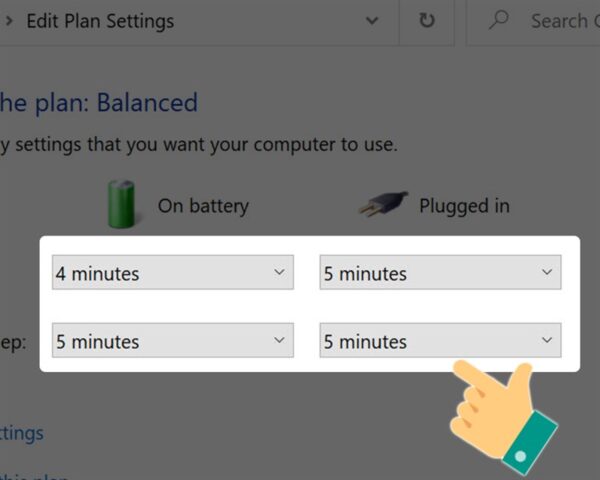 Cửa sổ Edit Plan Settings, hiển thị các tùy chọn để bật/tắt chế độ ngủ tự động trên Windows 10, liên quan đến cách để máy tính thoát khỏi chế độ ngủ