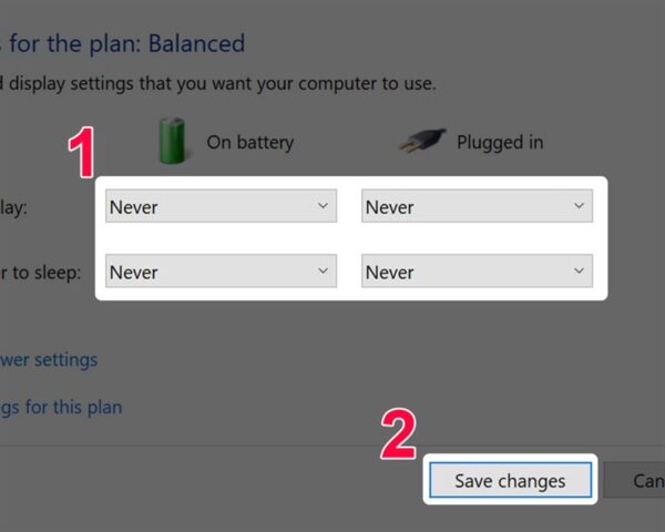 Thay đổi cài đặt Sleep sang 'Never' và lưu lại, vô hiệu hóa chế độ ngủ tự động trên Windows 10, hỗ trợ cách để máy tính thoát khỏi chế độ ngủ thủ công