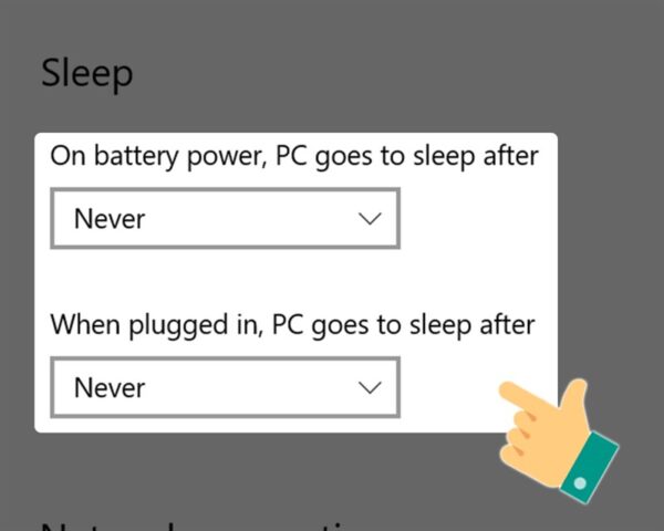 Chọn 'Never' để tắt hoàn toàn chế độ ngủ tự động trên Windows 10, giúp người dùng chủ động cách để máy tính thoát khỏi chế độ ngủ
