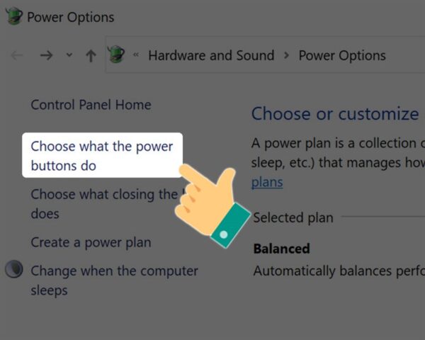 Chọn 'Choose what the power buttons do' trong Power Options, tùy chỉnh hành vi nút nguồn và chế độ ngủ đông, hỗ trợ cách để máy tính thoát khỏi chế độ ngủ