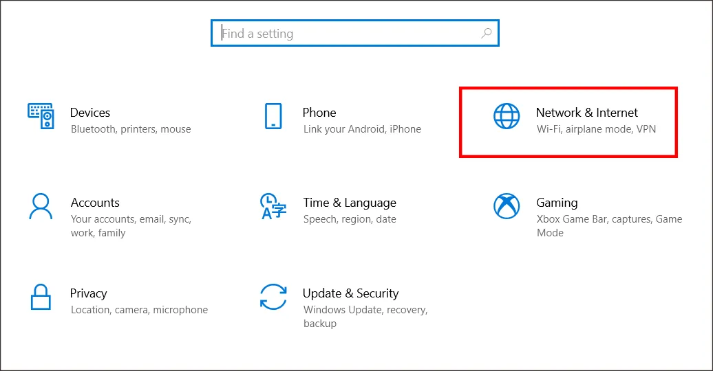 Chọn Network &amp; Internet trong Settings để truy cập cài đặt Wifi trên máy tính Dell