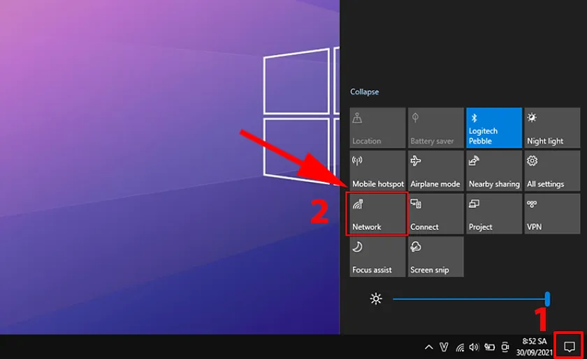 Mở Action Center và chọn biểu tượng Network để cấu hình Wifi trên laptop Dell