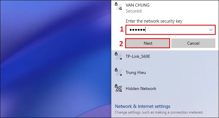 Chọn tên Wifi và nhập mật khẩu để kết nối qua Action Center trên máy tính Dell
