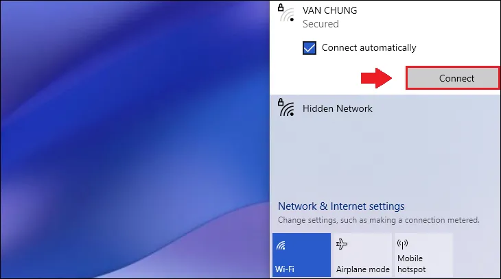 Giao diện chọn mạng Wi-Fi và nút Connect trên Windows, cho phép người dùng kết nối với mạng không dây đã chọn.
