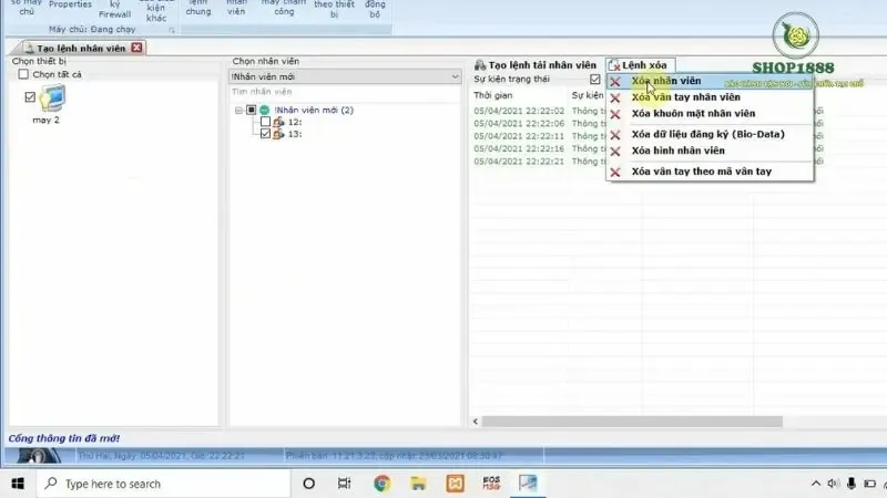 Giao diện phần mềm Ronald Jack Pro hiển thị cách bớt nhân viên trên máy chấm công qua hệ thống.