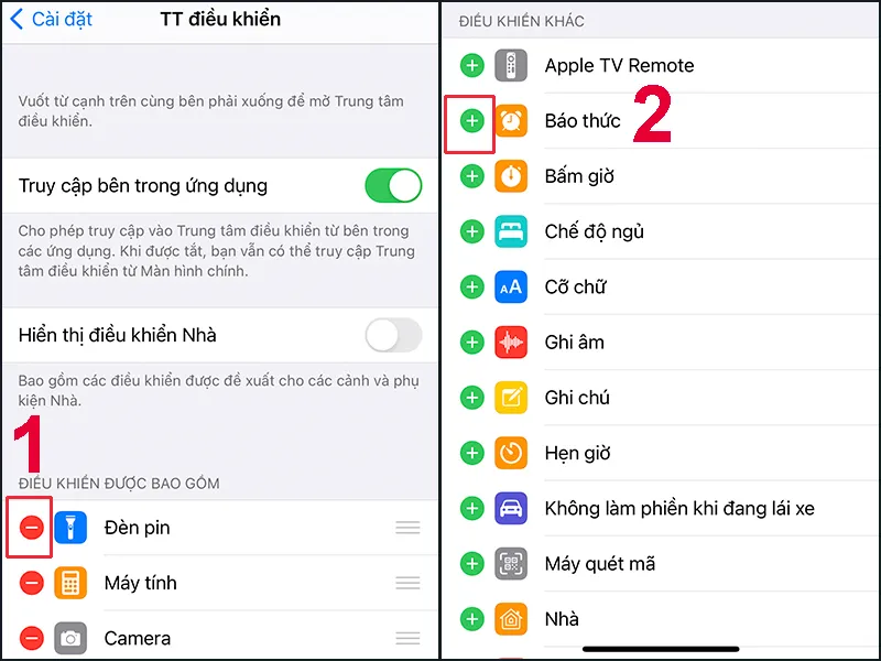 Bạn có thể thêm hoặc xóa bớt tính năng muốn quản lý trong Trung tâm điều khiển