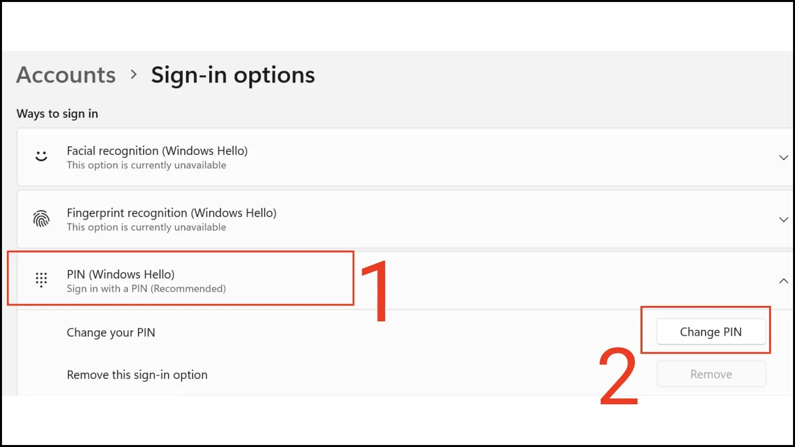 Chọn PIN &gt; Change your PIN
