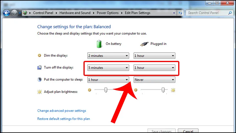Thiết lập thời gian tắt màn hình khi dùng pin và cắm sạc