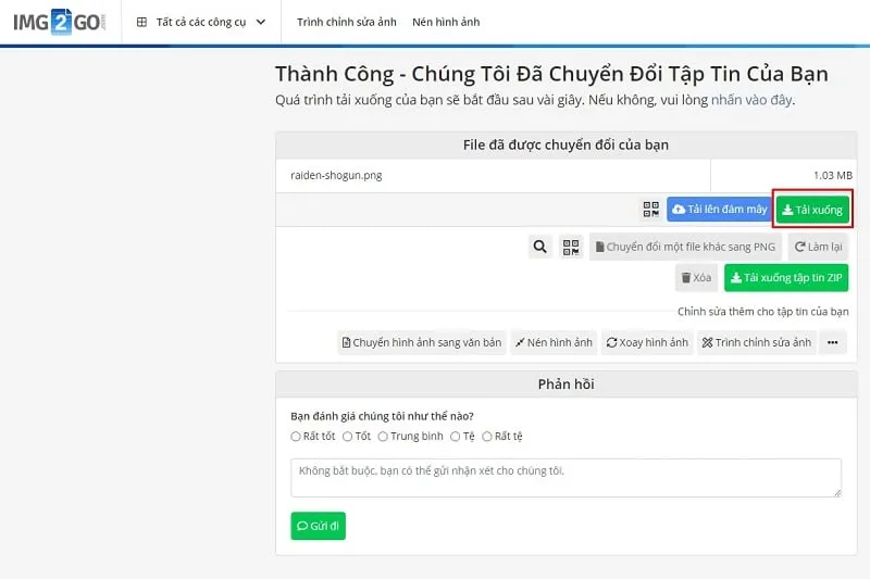 Lưu và tải ảnh đã cắt từ Img2go, kết thúc quá trình cắt sửa hình ảnh